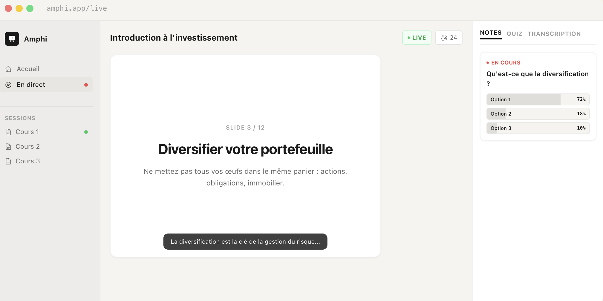 Interface Amphi — outil de présentation live avec quiz et transcription vocale IA