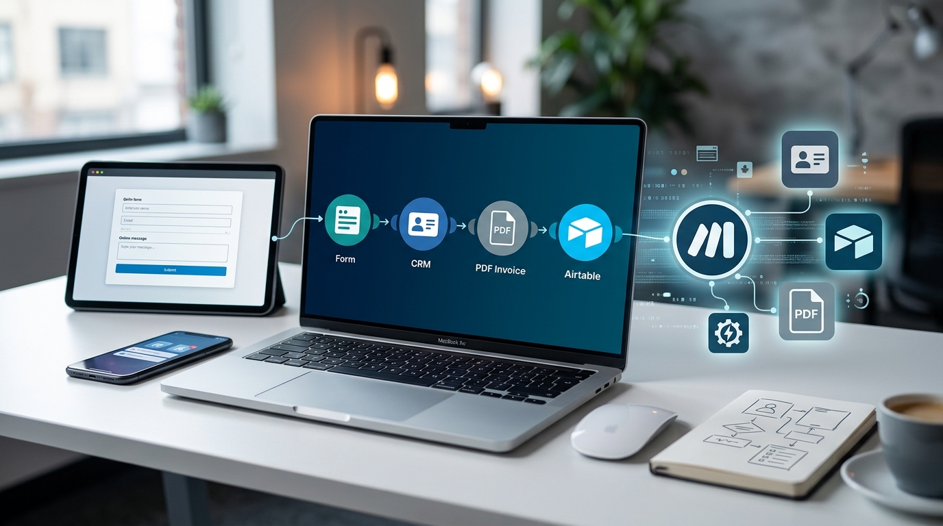 Tableau de bord Make avec plusieurs scénarios actifs d'automatisation pour PME