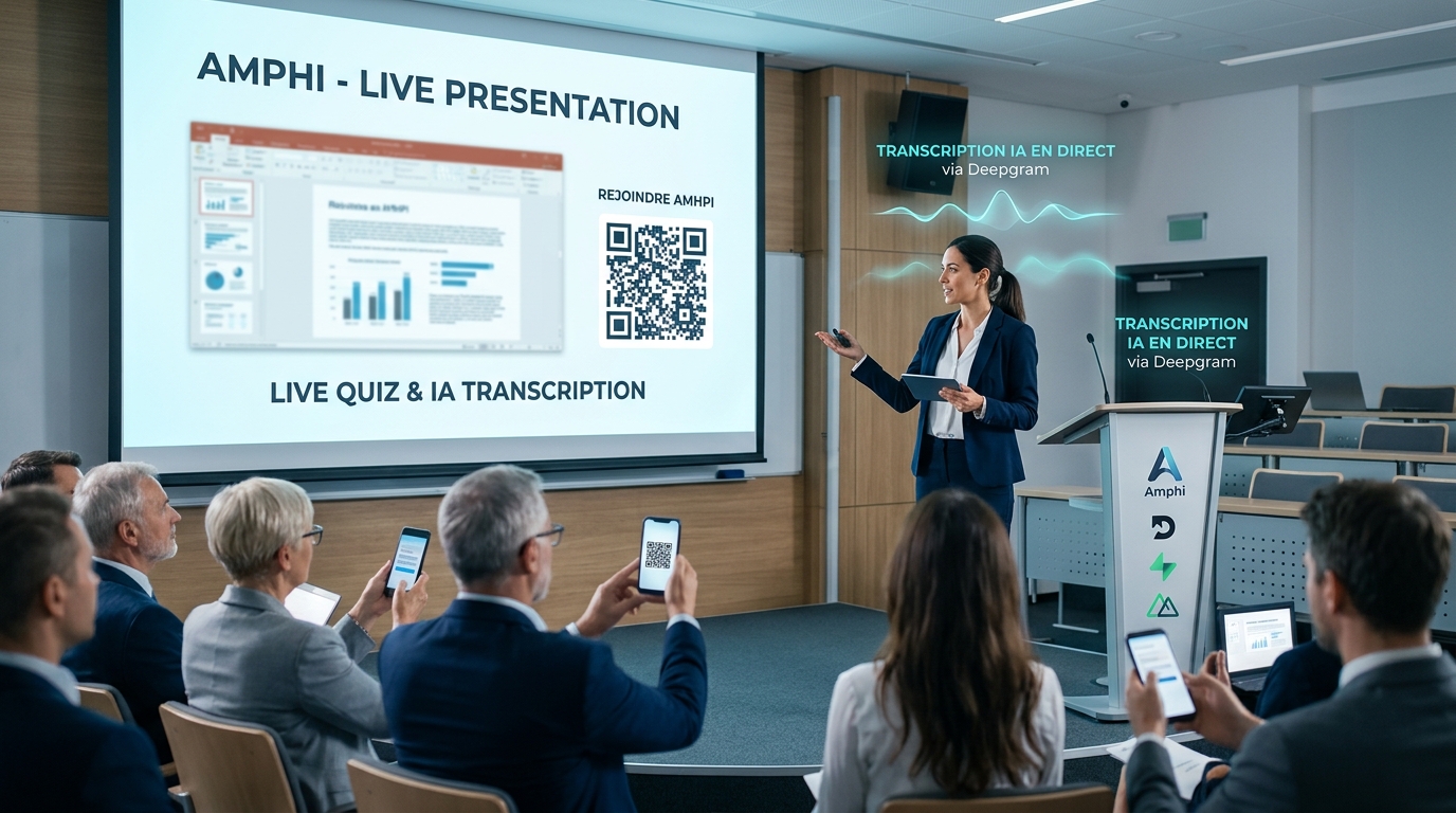 Interface Amphi en session live montrant les slides synchronisées et les résultats de quiz en temps réel