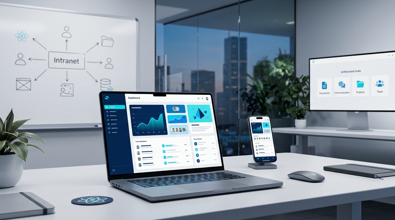 Tableau de bord d'un intranet d'entreprise montrant les sections documents, actualités et annuaire