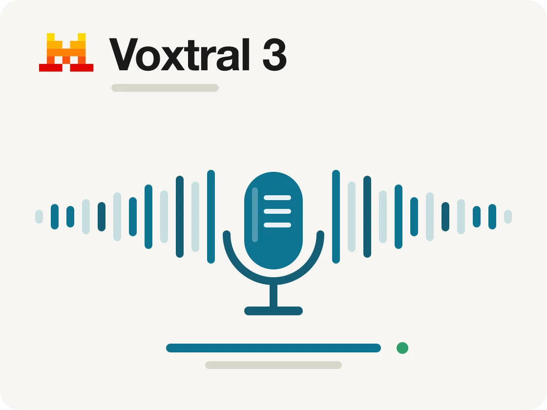 Visuel Voxtral 3 : agent vocal Mistral avec transcription et voix de synthèse